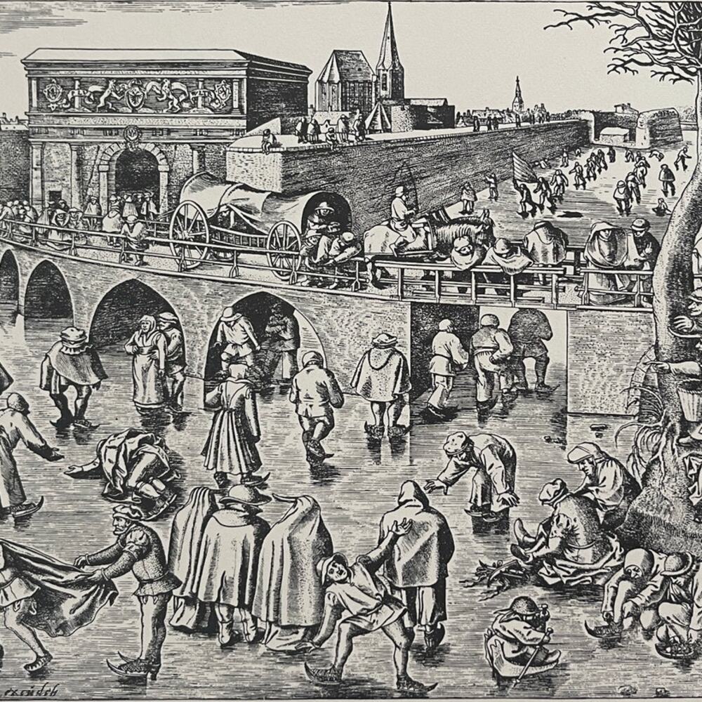 Pieter Bruegel, Ice Skating, Antwerp, Engraving, Print, Bookplate ~ 241229-WH 70